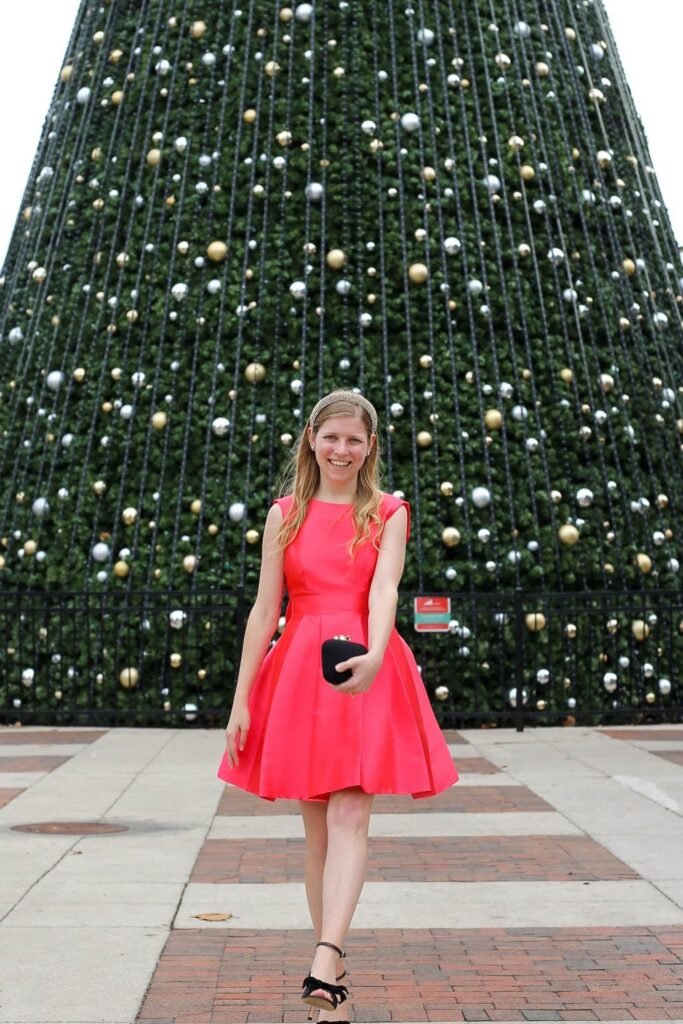 Bright Pink Sleeveless Fit-and-Flare Dress + Black Ankle Strap Heels + Black Clutch