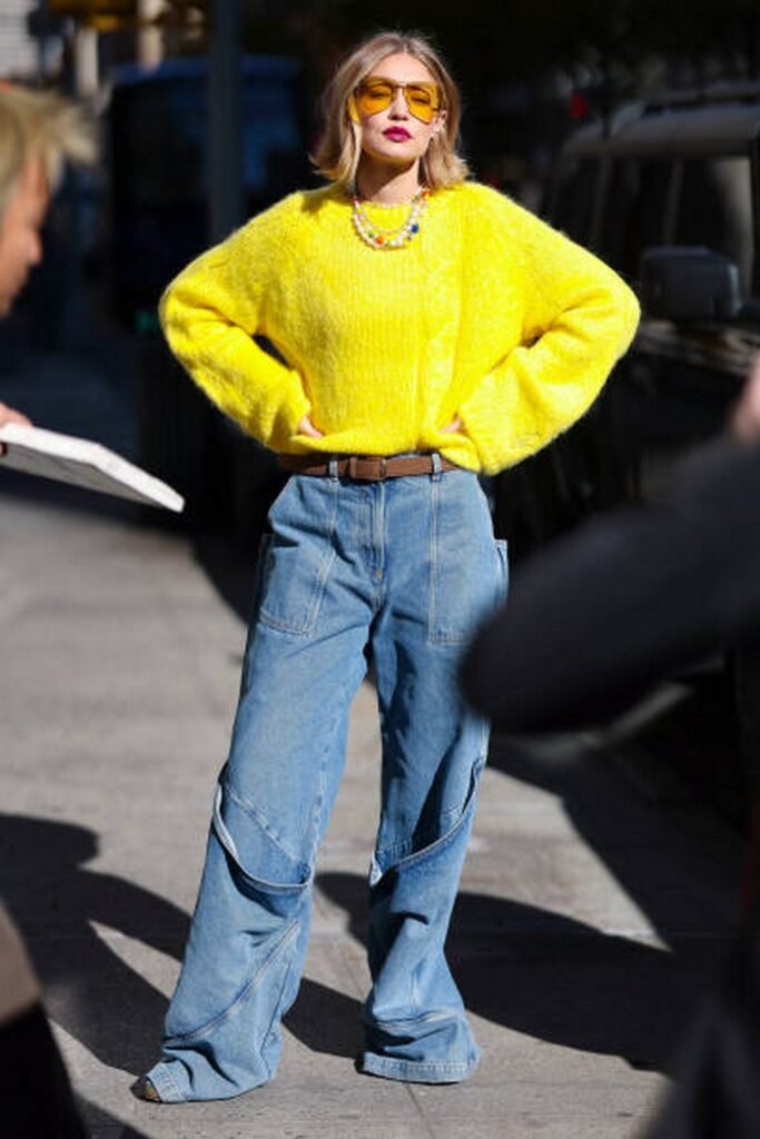 Bright Yellow Fluffy Sweater + Light Wash Baggy Jeans + Brown Belt