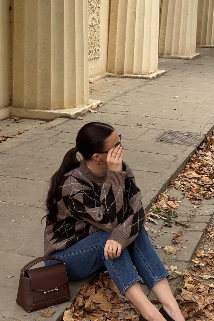 Brown Argyle Sweater + Blue Cropped Jeans
