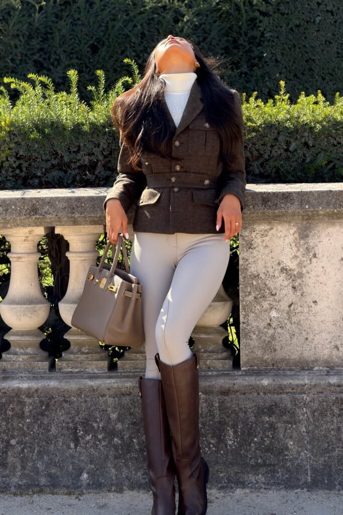 Brown Belted Jacket + White Turtleneck Sweater + Light Grey Ribbed Pants + Brown Knee-High Boots