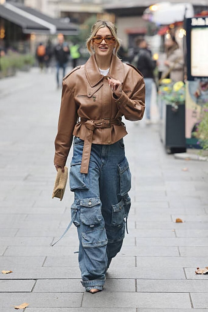 Brown Belted Leather Jacket + Baggy Pants + White T-shirt