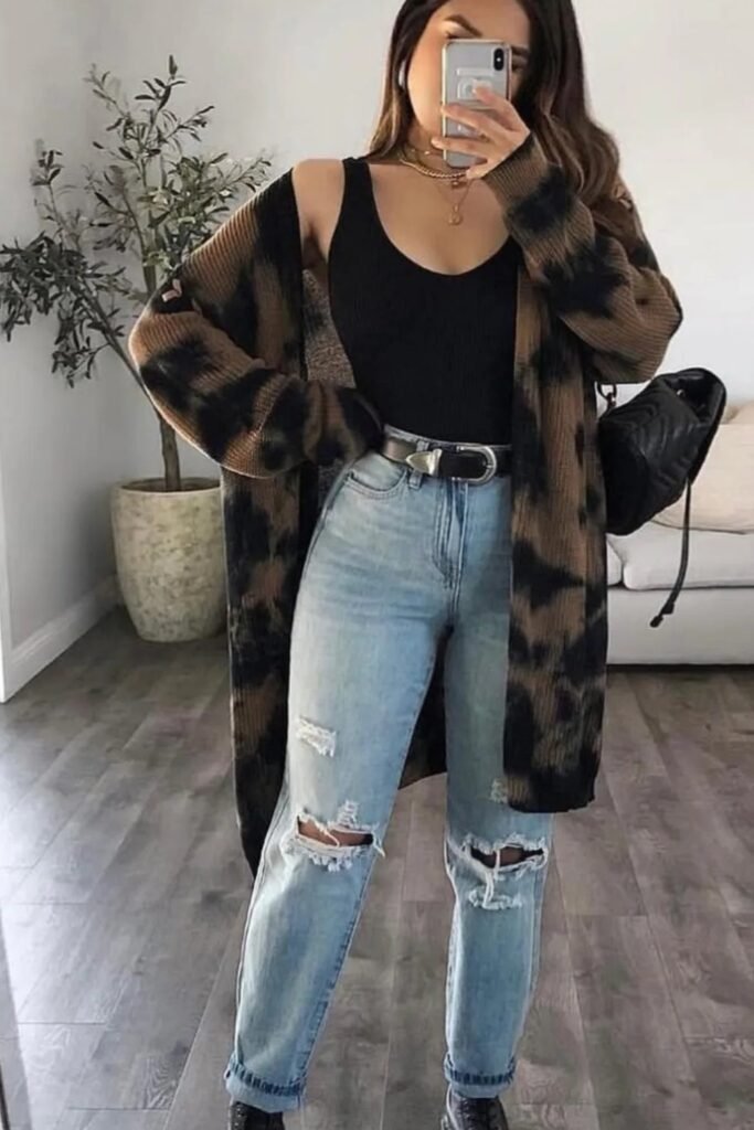 Brown & Black Tie-Dye Long Cardigan + Black Tank Top + Distressed Light Wash Jeans