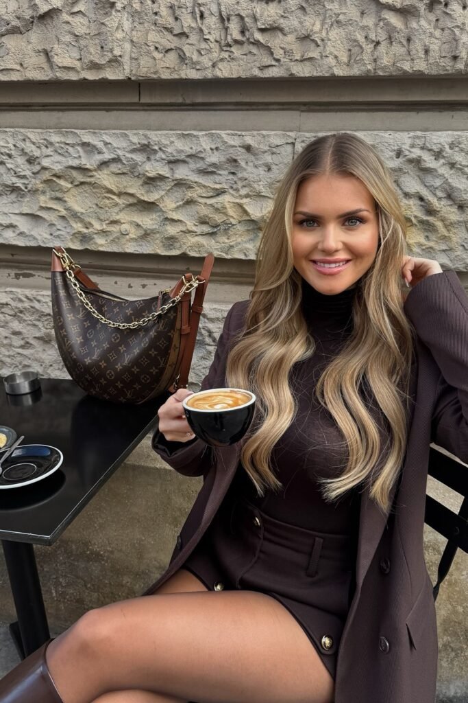 Brown Blazer + Matching Brown Turtleneck + Matching High-Waisted Shorts + Logo Shoulder Bag