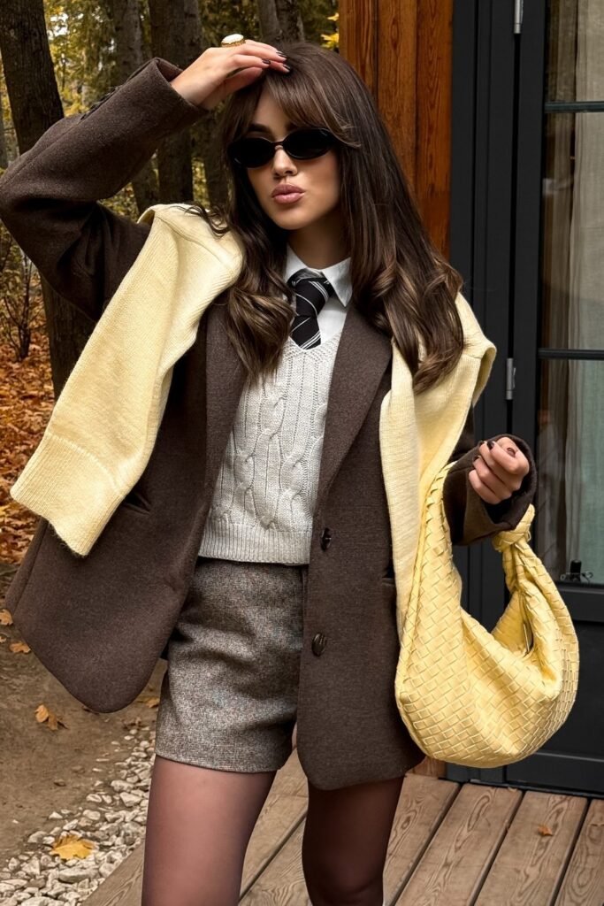 Brown Blazer + White Shirt + Cable Knit Sweater + Plaid Mini Skirt + Black Tights + Black Heeled Shoes + Yellow Handbag