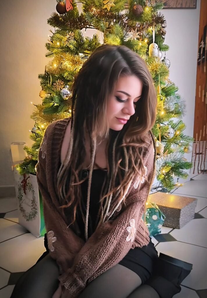 Brown Cable Knit Cardigan with Flower Details + Black Mini Dress + Black Tights