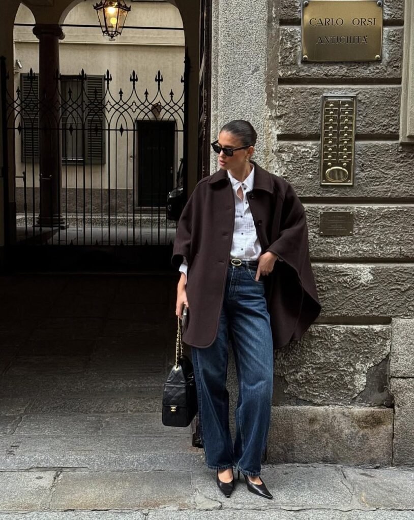 Brown Cape Coat + White Button-Down Shirt + Wide-Leg Jeans + Black Heels