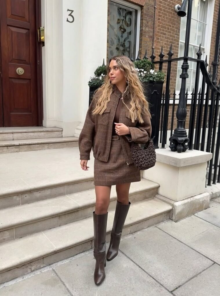 Brown Checked Jacket + Brown Top + Brown Mini Skirt + Brown Knee-High Boots + Brown Woven Shoulder Bag