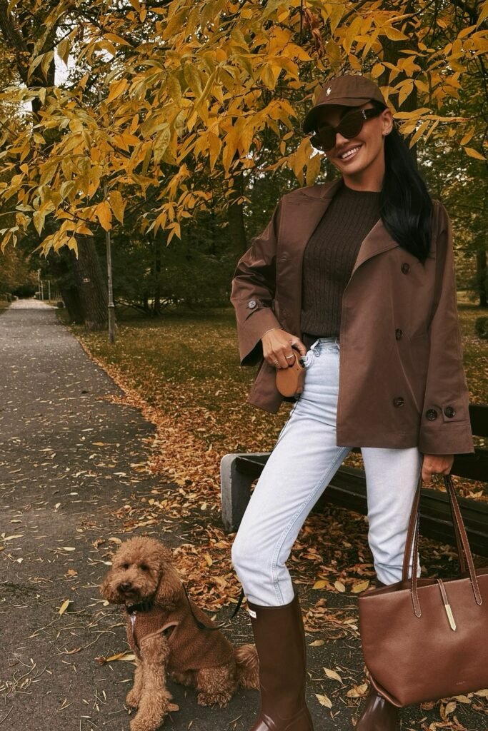 Brown Chore Jacket + Brown Ribbed Sweater + Light Wash Jeans + Brown Wellington Boots