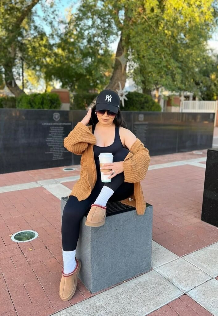 Brown Chunky Cardigan + Black Tank Top + Black Leggings + Tan Slippers + Black Cap + Sunglasses