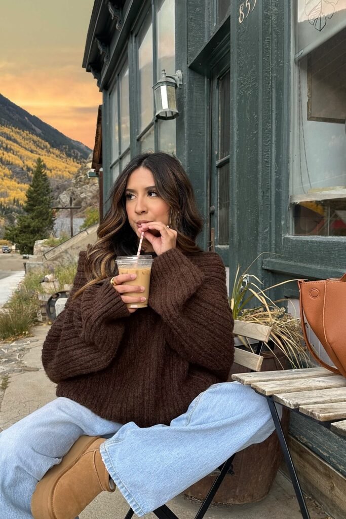 Brown Chunky Knit Sweater + Light Wash Wide-Leg Jeans + Tan Ugg Boots