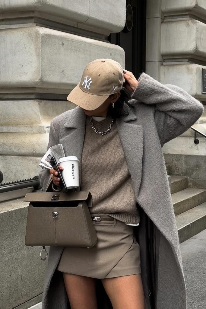 Brown Crewneck Sweater + Grey Long Coat + Tan Mini Skirt + Tan Baseball Cap