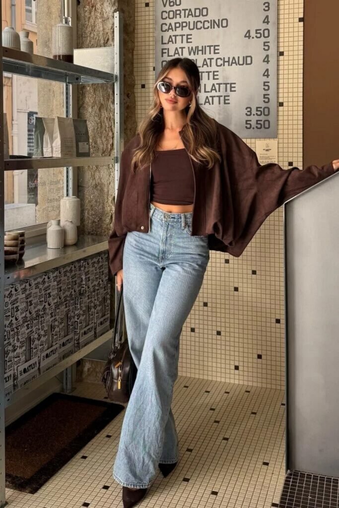 Brown Crop Top + Brown Cropped Jacket + Light Blue Flared Jeans + Dark Brown Pointed Boots