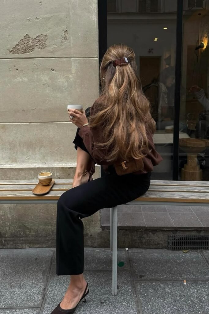 Brown Cropped Cardigan + Black Wide-Leg Trousers + Brown Suede Slingback Heels + Brown Mini Bag