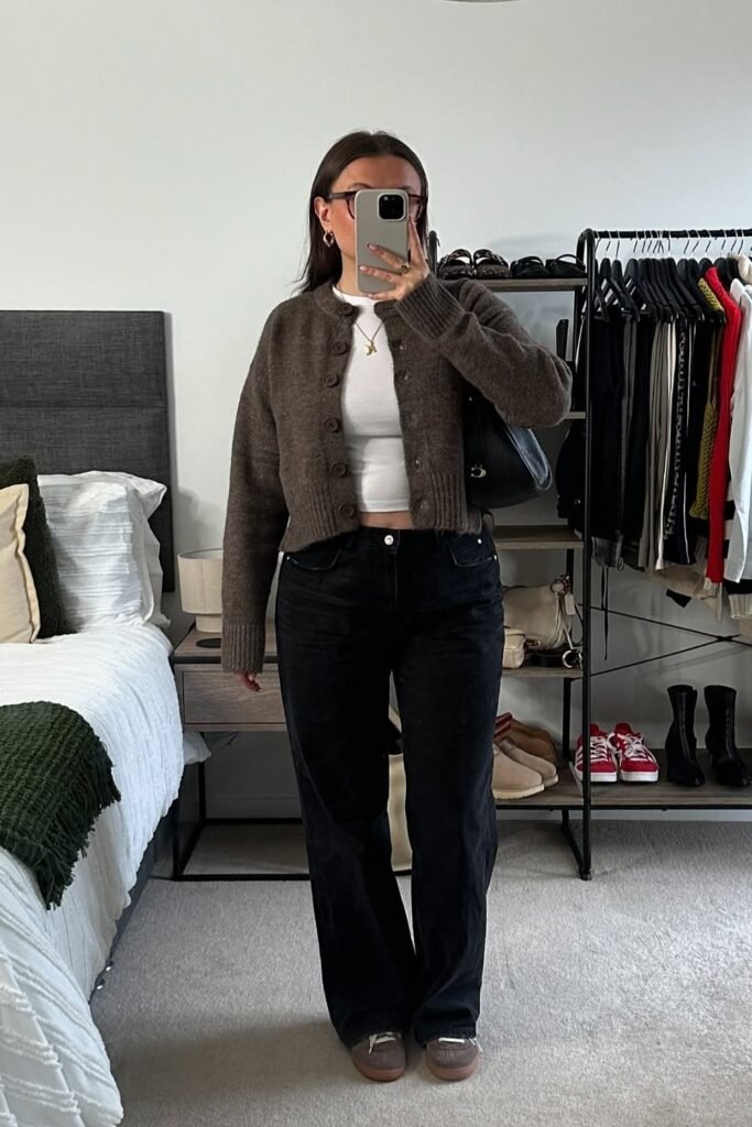 Brown Cropped Cardigan + White Cropped Top + Black Straight-leg Jeans + Brown Flats