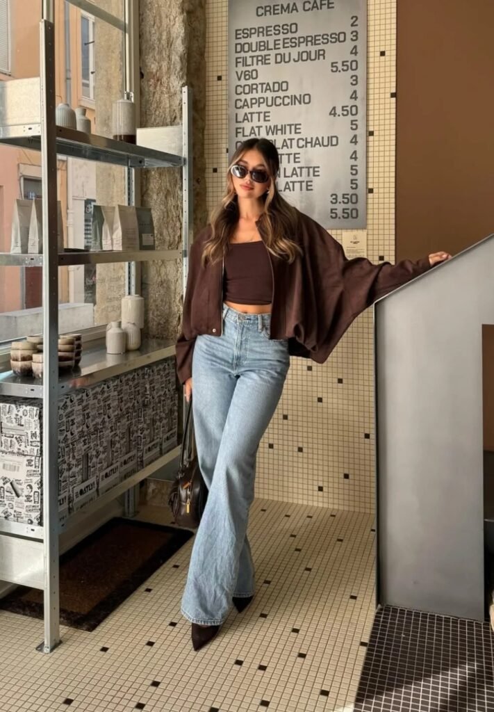 Brown Cropped Suede Jacket + Brown Crop Tube Top + High-Waisted Wide-Leg Flared Jeans + Black Heels