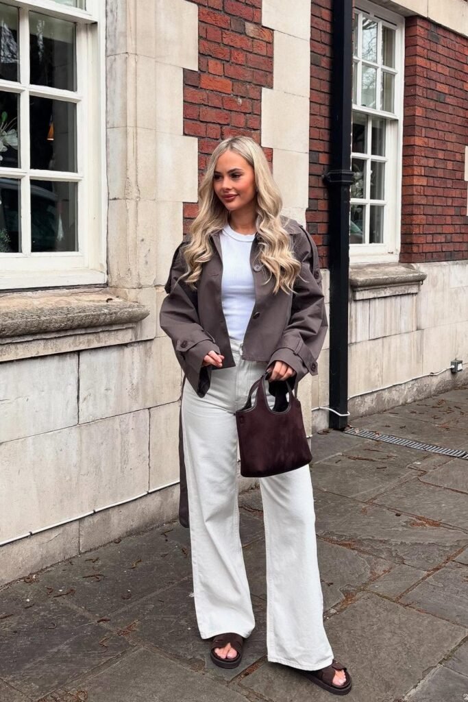 Brown Cropped Trench Jacket + White Ribbed Tank Top + Cream Wide-Leg Jeans + Dark Sandals