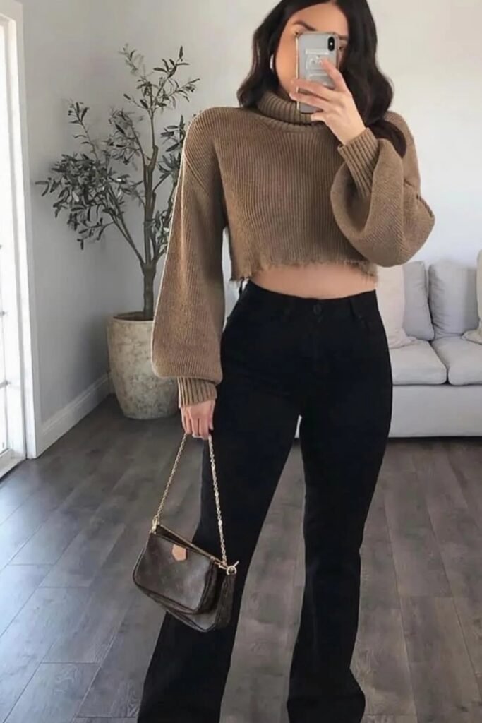 Brown Cropped Turtleneck Sweater + Black Flared Jeans + Monogram Chain Shoulder Bag