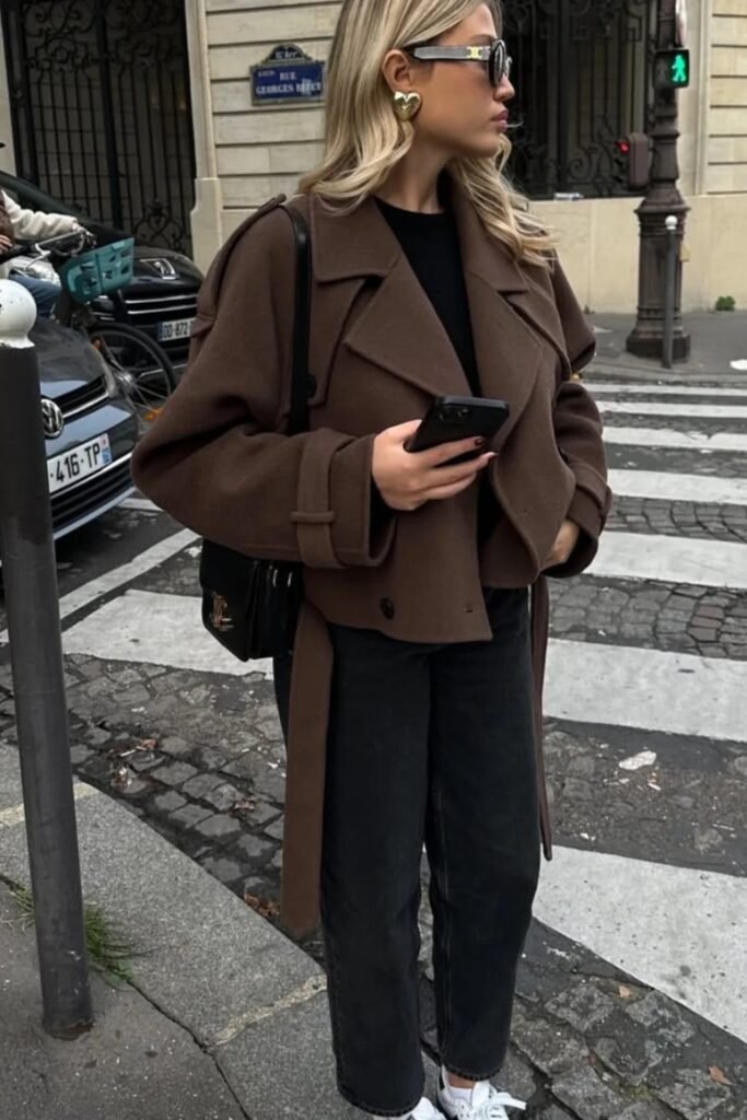 Brown Cropped Wrap Coat + Black T-Shirt + Black Wide-Leg Jeans + White Sneakers + Black Shoulder Bag
