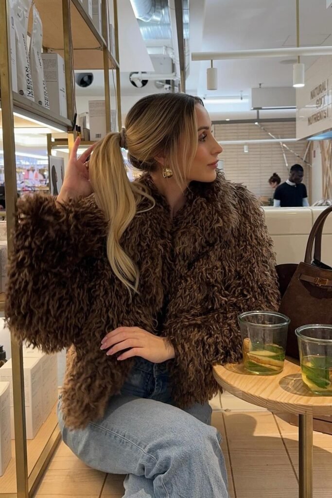 Brown Curly Faux Fur Jacket + Light Wash Straight-Leg Jeans