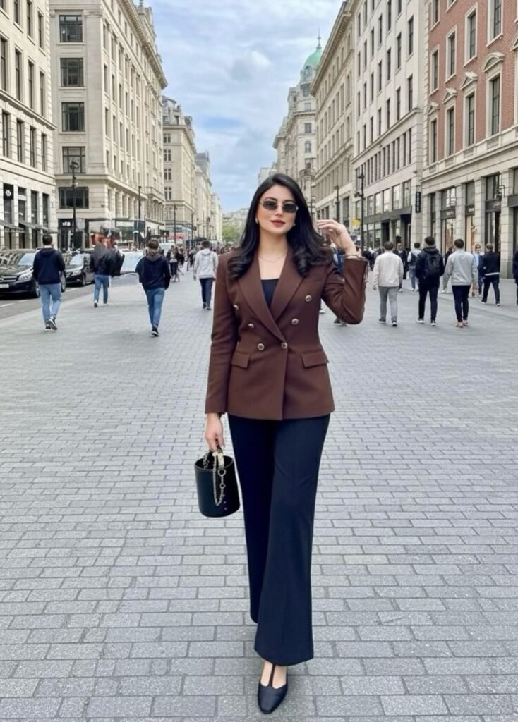 Brown Double-Breasted Blazer + Black Scoop Neck Top + Black Flared Trousers