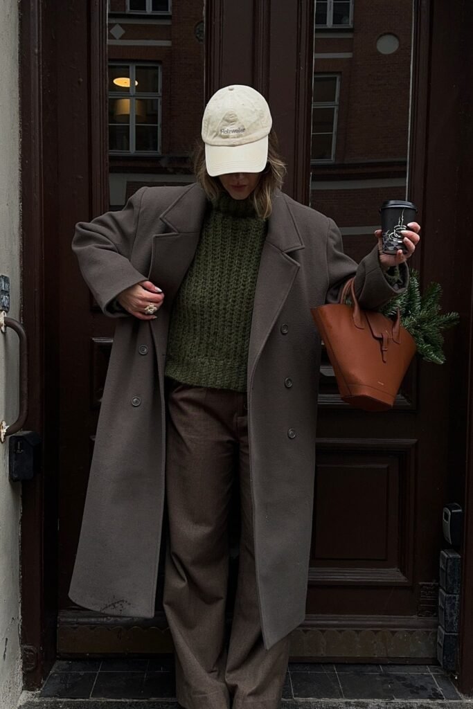 Brown Double-Breasted Coat + Olive Green Knit Sweater + Brown Wide-Leg Trousers