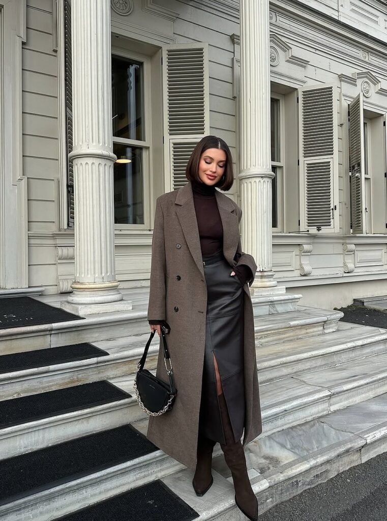 Brown Double-Breasted Long Coat + Brown Turtleneck + Black Faux Leather Slit Midi Skirt + Brown Suede Boots