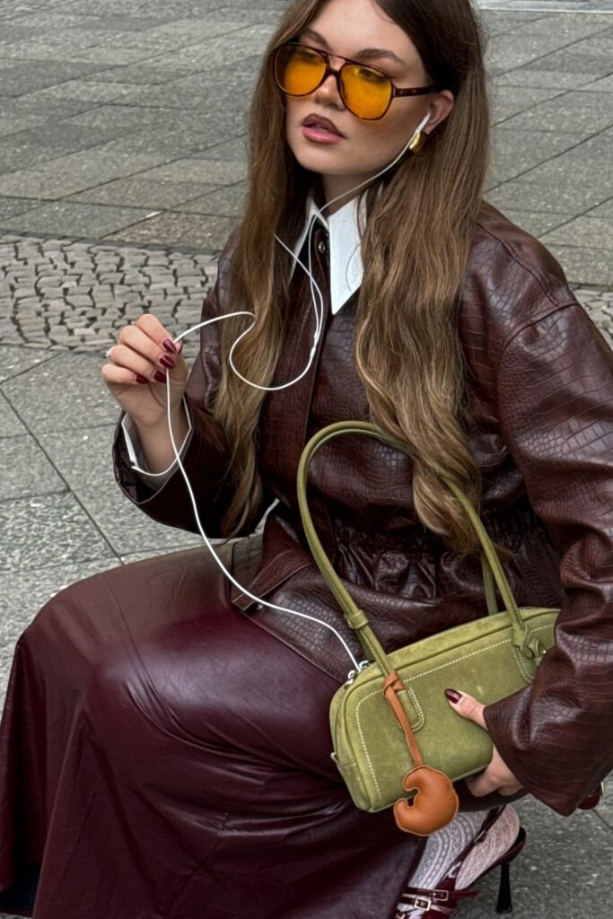 Brown Faux Crocodile Leather Coat + White Collar Shirt + Burgundy Leather Maxi Skirt + Olive Suede Bag