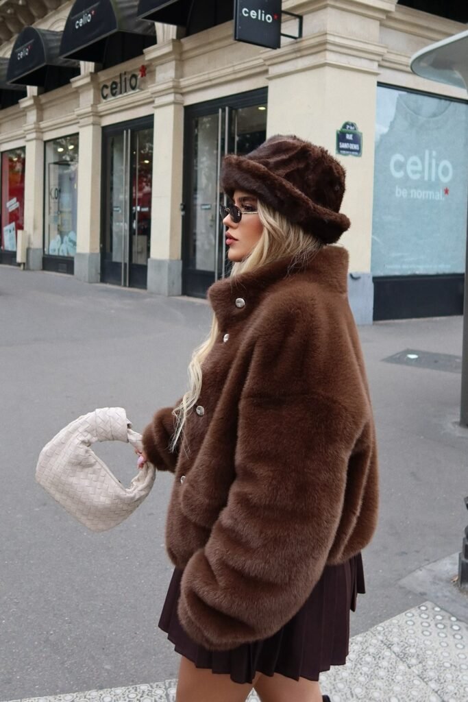 Brown Faux Fur Bomber Jacket + Brown Pleated Mini Skirt + Brown Faux Fur Bucket Hat