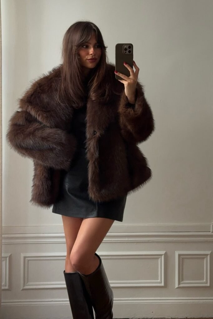 Brown Faux Fur Coat + Black Leather Mini Dress/Skirt + Black Knee-High Boots