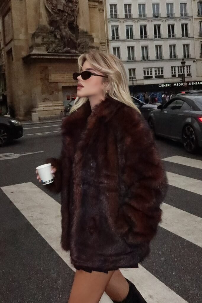 Brown Faux Fur Coat + Black Mini Garment + Black Sunglasses