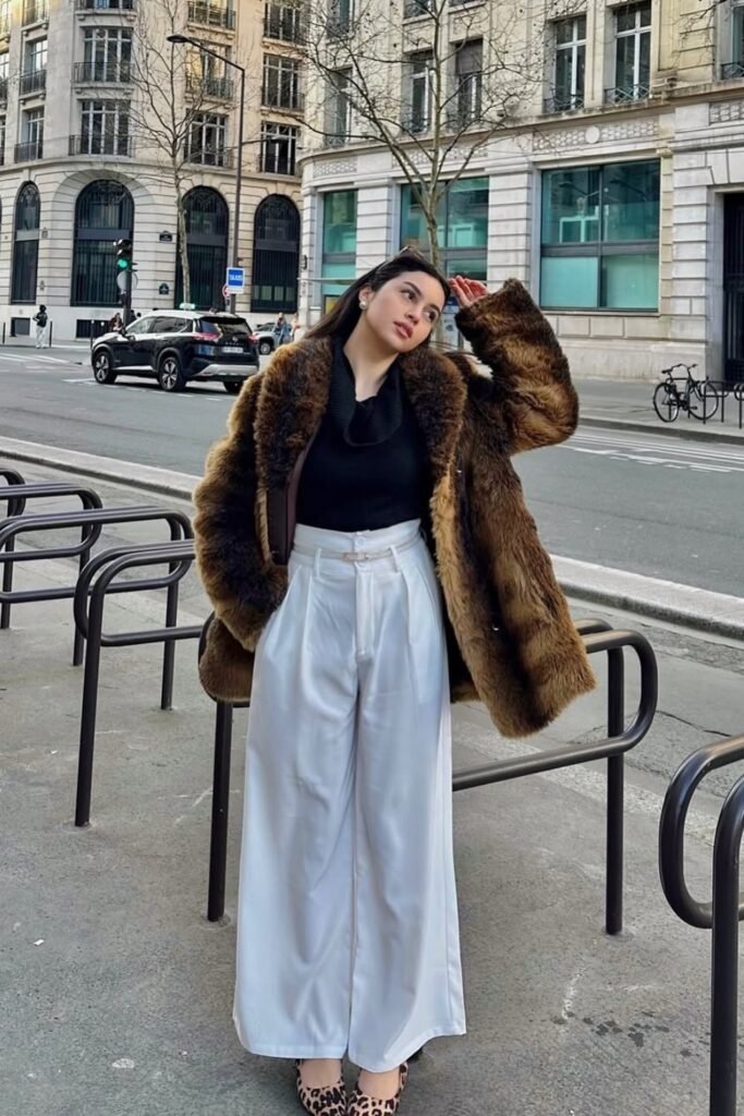 Brown Faux Fur Coat + Black Turtleneck + White Wide-Leg Trousers + Leopard Print Flats