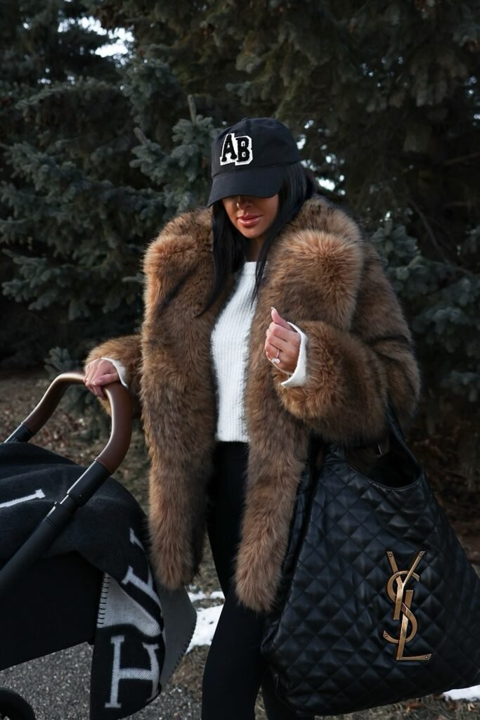 Brown Faux Fur Coat + White Knit Sweater + Black Leggings