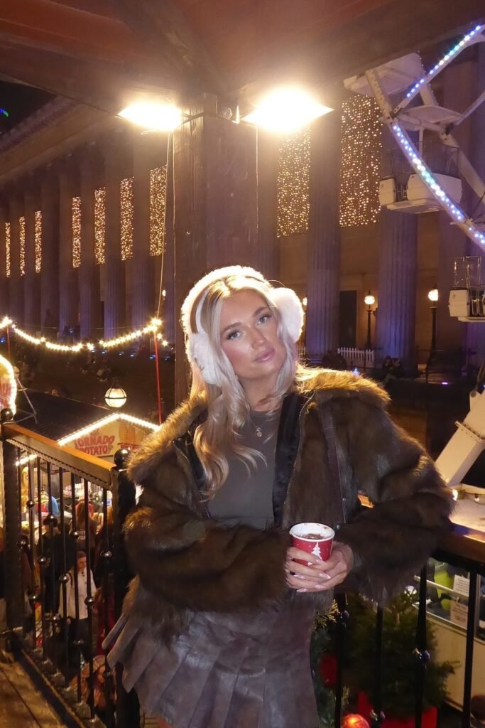 Brown Faux Fur Jacket + Brown Pleated Mini Skirt + White Earmuffs