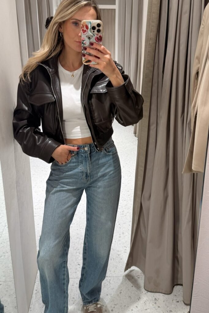 Brown Faux Leather Cropped Jacket + White Crop Top + Light Wash Straight-Leg Jeans
