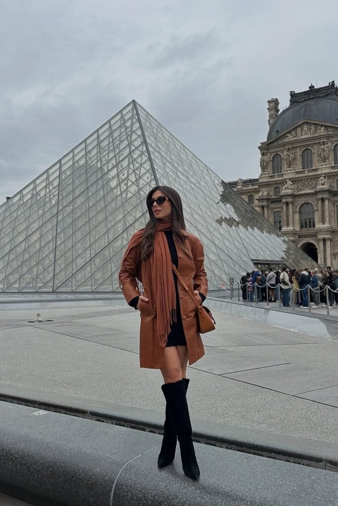 Brown Faux Leather Trench Coat + Black Mini Dress/Top + Black Suede Over-the-Knee Boots + Brown Scarf