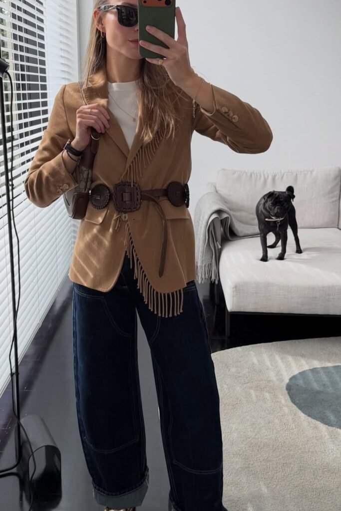 Brown Fringed Blazer + White T-shirt + Dark Blue wide-leg Jeans + Large Belt