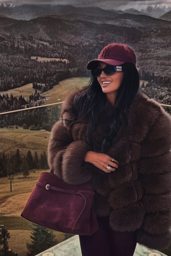 Brown Fur Coat + Maroon Cap/Hat + Black Sunglasses + Maroon Suede Handbag