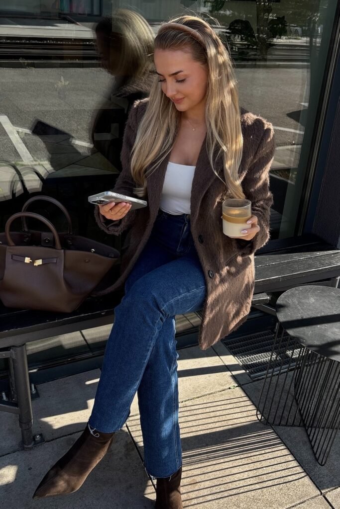 Brown Fuzzy Blazer + White Tank Top + Straight-Leg Jeans + Suede Ankle Boots