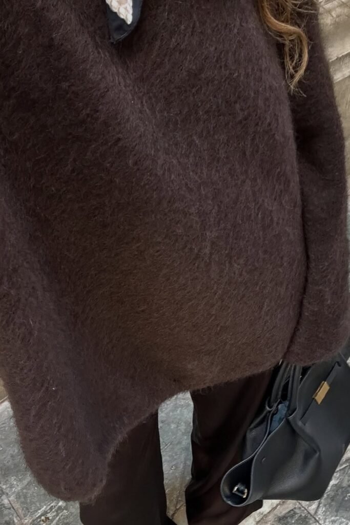 Brown Fuzzy Oversized Sweater + Brown Trousers + Black Leather Handbag + Silk Scarf