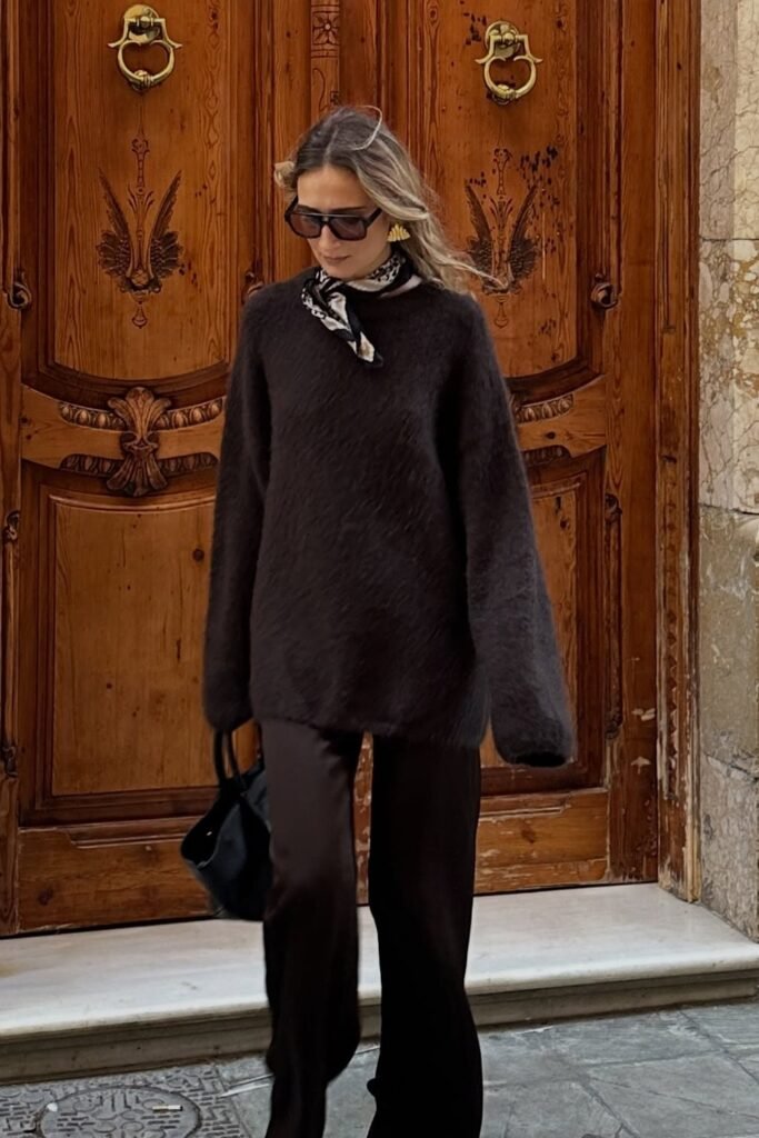 Brown Fuzzy Sweater + Brown Flared Trousers + Black and White Silk Scarf + Black Handbag + Gold Earrings + Sunglasses