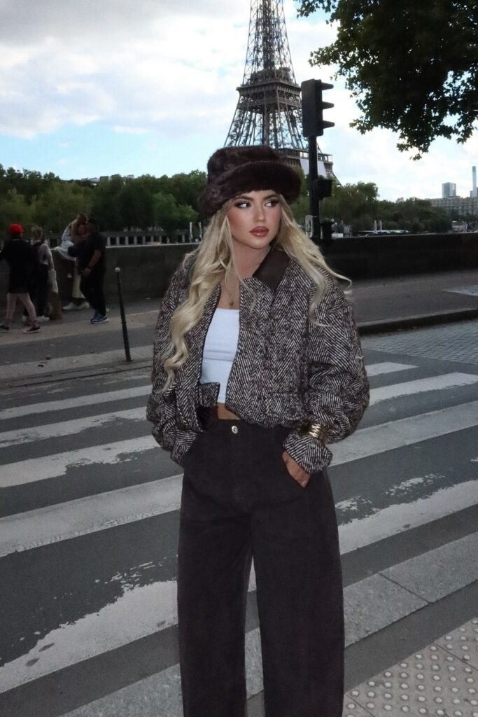 Brown Herringbone Bomber Jacket + White Crop Top + Brown Wide-Leg Trousers