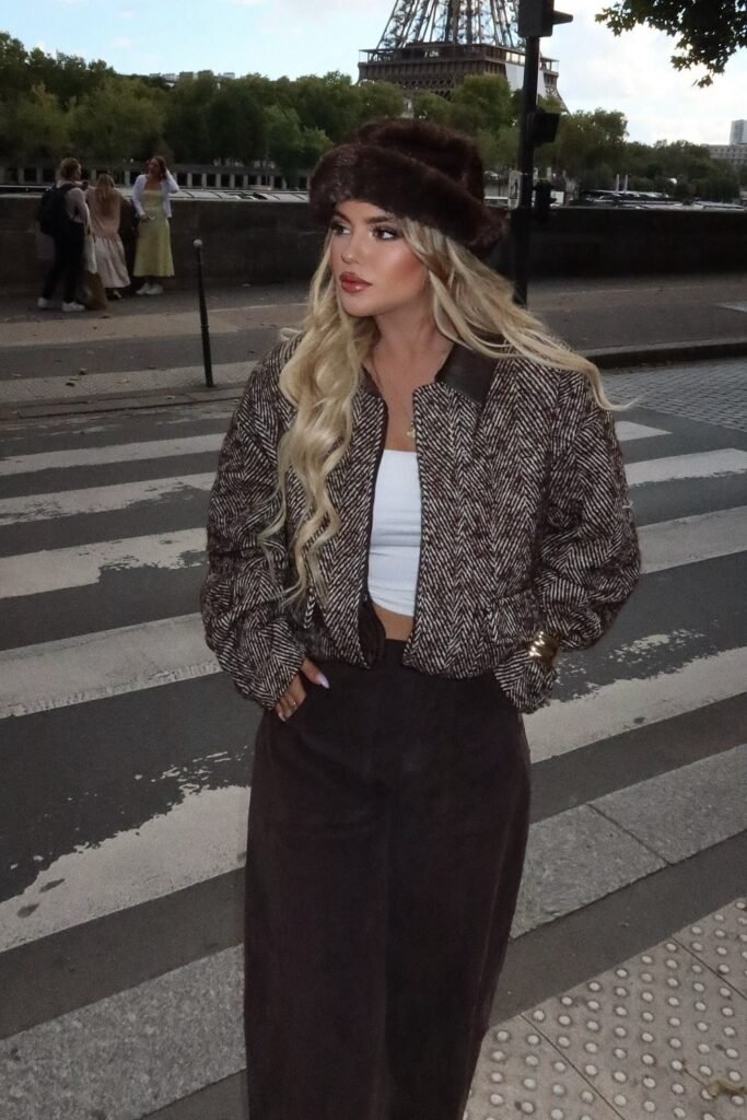Brown Herringbone Cropped Bomber Jacket + White Crop Top + Brown Wide-Leg Trousers + Brown Fur Hat