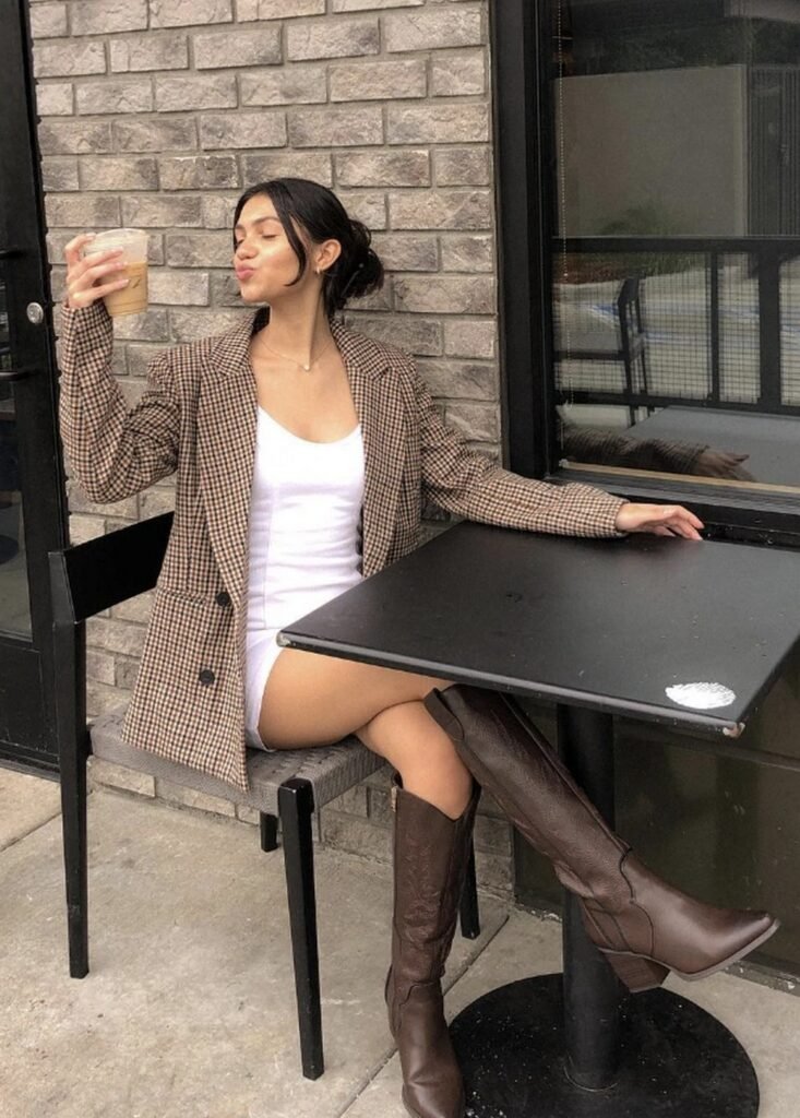 Brown Houndstooth Blazer + White Bodycon Dress + Brown Knee-High Boots
