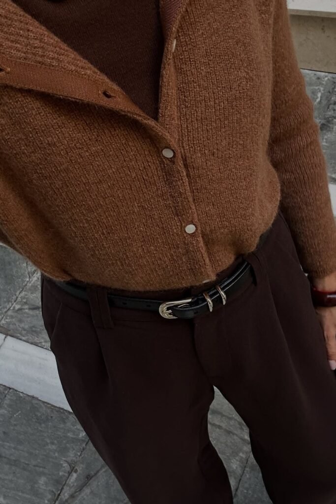 Brown Knit Cardigan + Dark Brown Turtleneck + Dark Brown Trousers + Black Leather Belt