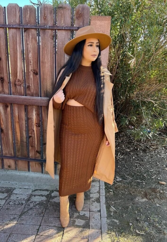 Brown Knit Cutout Dress + Camel Trench Coat + Beige Knee-High Boots + Camel Hat
