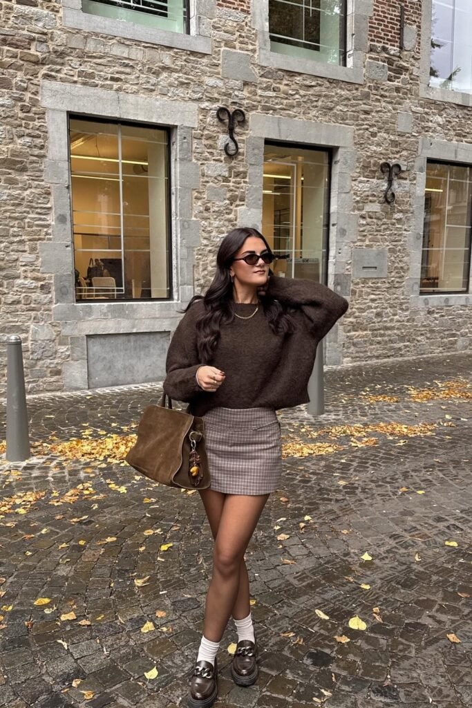 Brown Knit Sweater + Plaid Mini Skirt + White Ankle Socks + Brown Platform Loafers