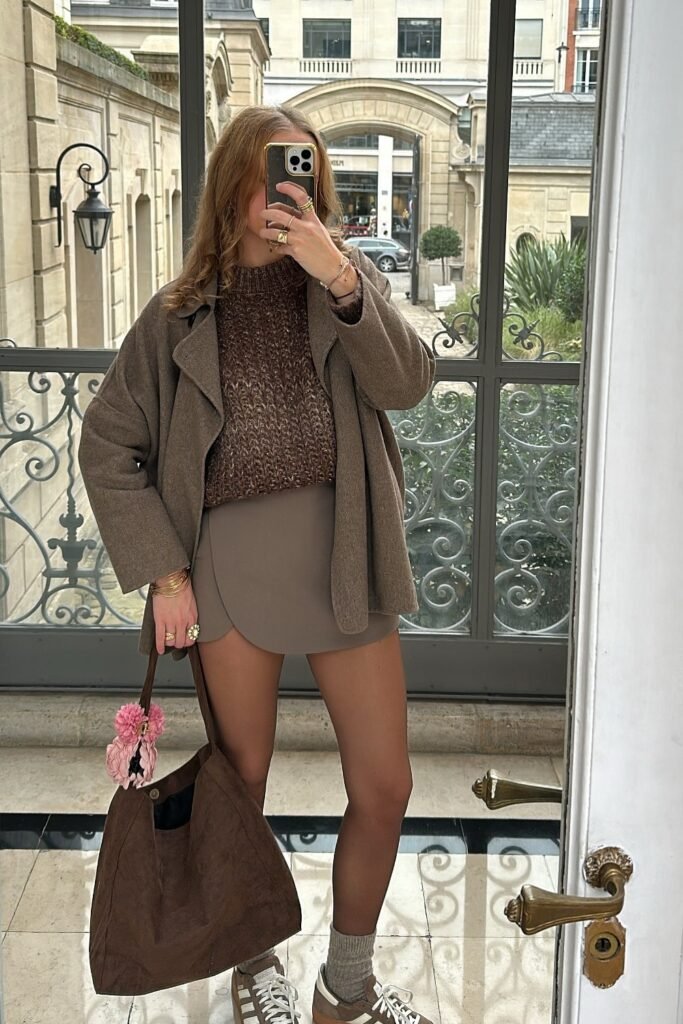 Brown Knitted Sweater + Brown Mini Skirt + Brown Sneakers