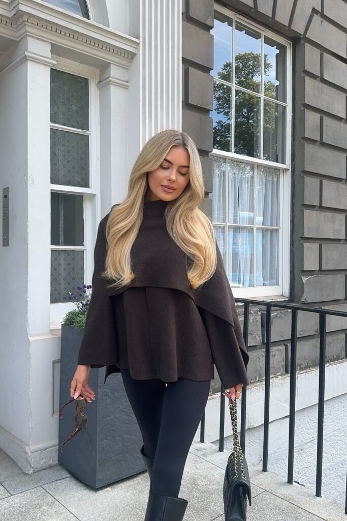 Brown Layered Turtleneck Sweater + Black Leggings + Black Knee-High Boots + Black Handbag