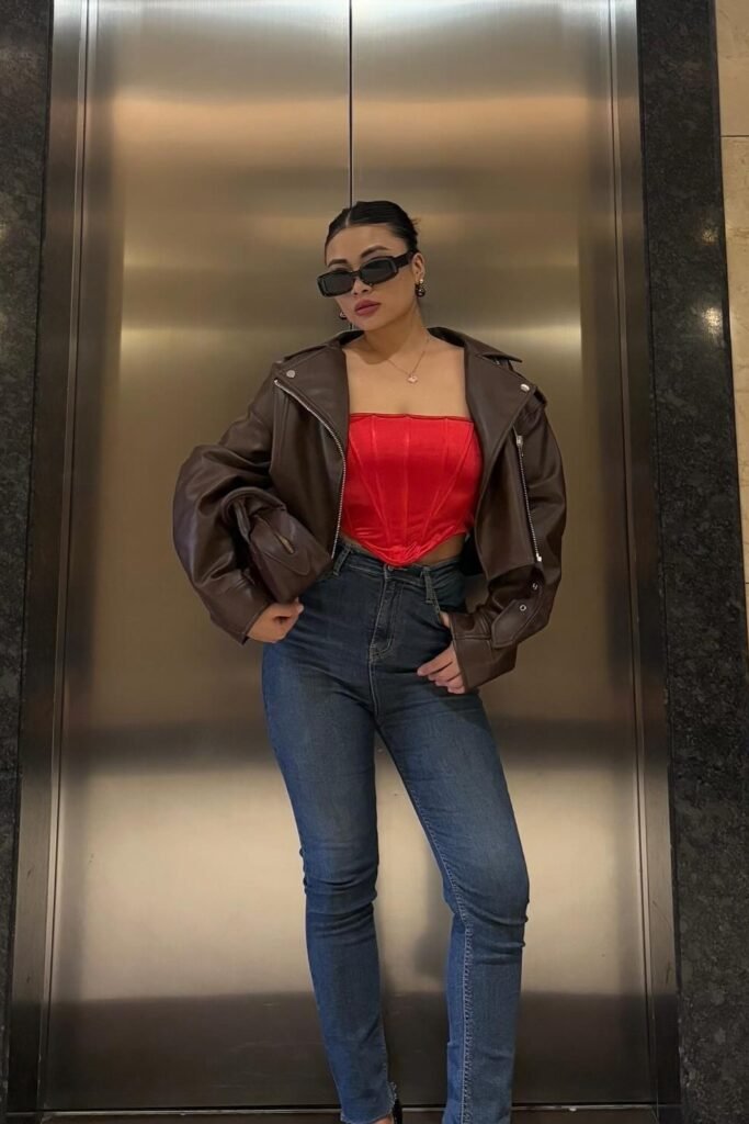 Brown Leather Biker Jacket + Red Corset Top + Dark Wash Jeans