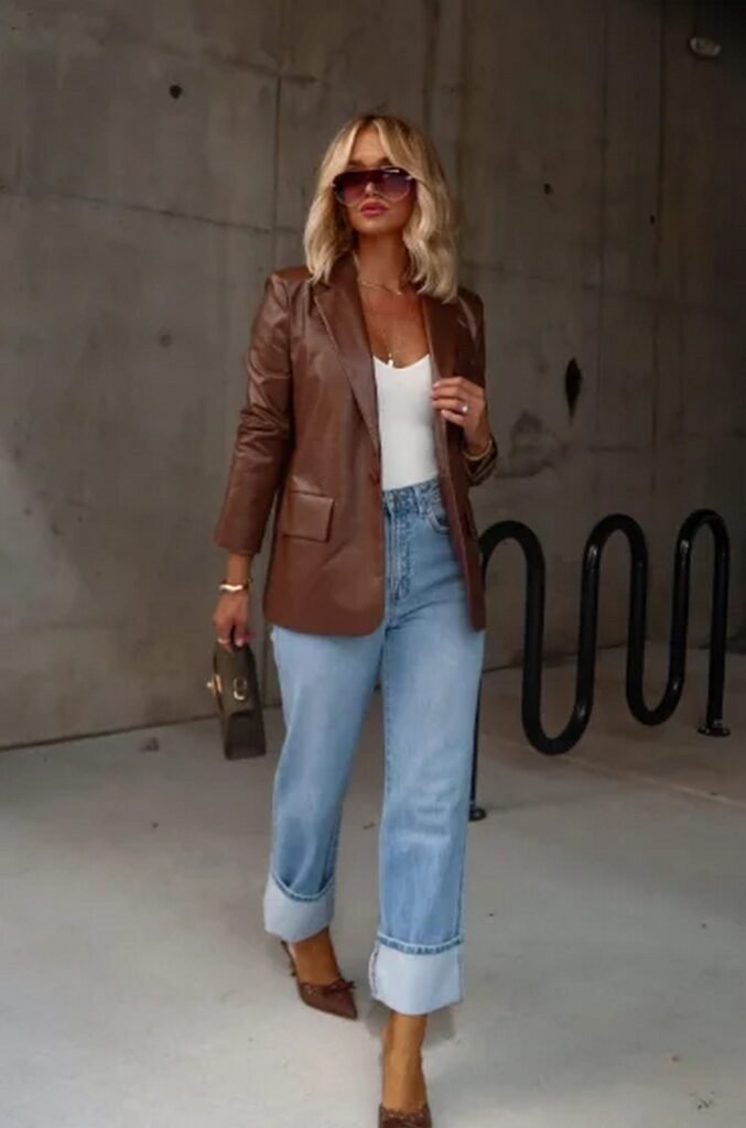 Brown Leather Blazer + White Tank Top + Light Wash Cuffed Jeans + Brown Animal Print Heels + Brown Mini Bag
